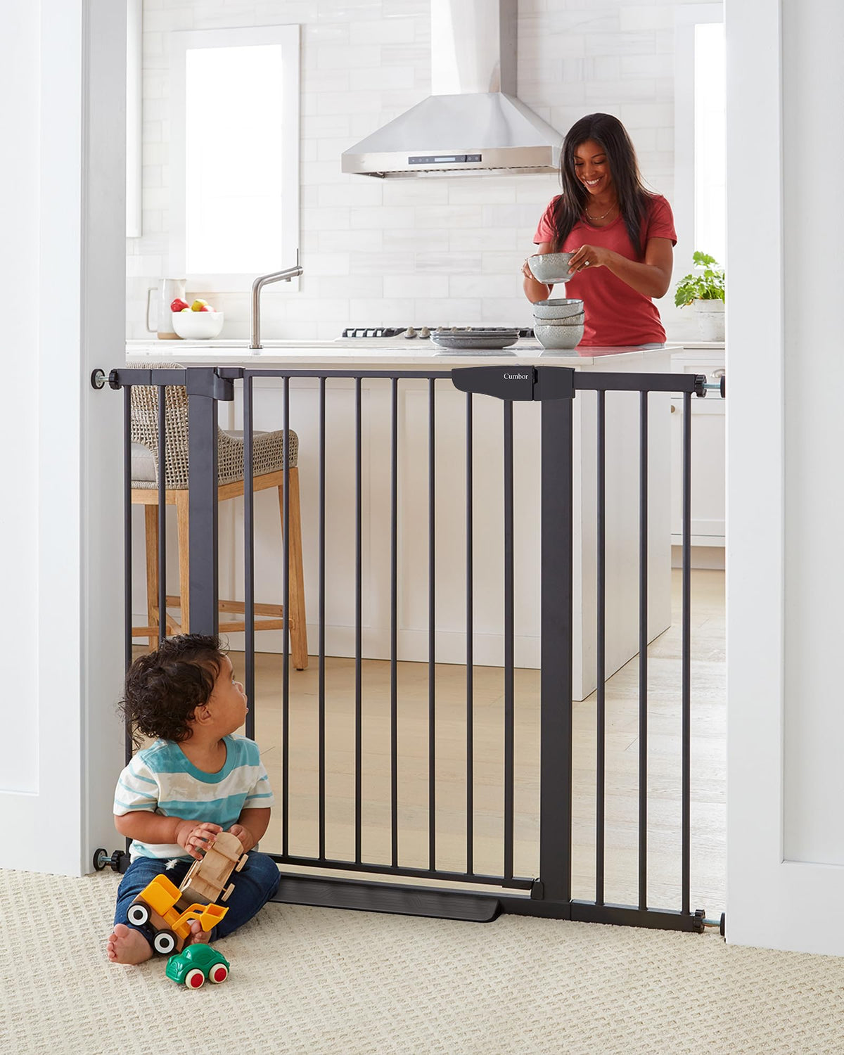 Cumbor 36 inch extra tall gate installed at stairs for kids and pets