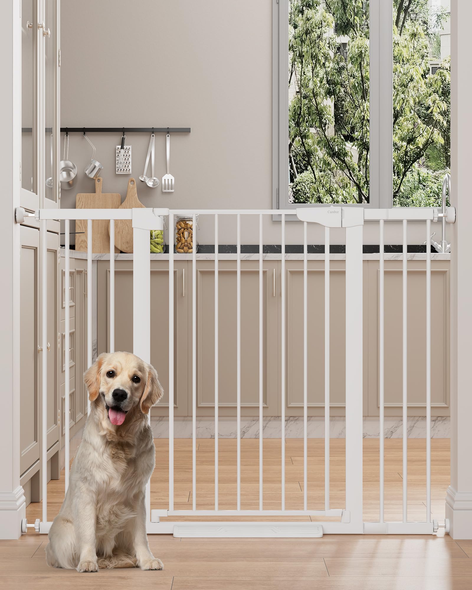 Cumbor 36-inch extra tall baby gate at stairs top for enhanced safety