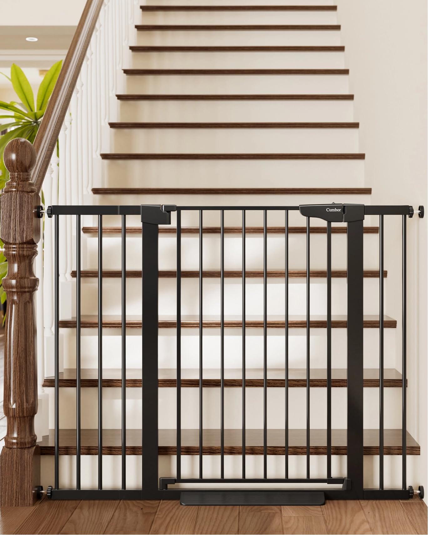 Cumbor 36-inch extra-tall baby gate on stairs ensures safer access.
