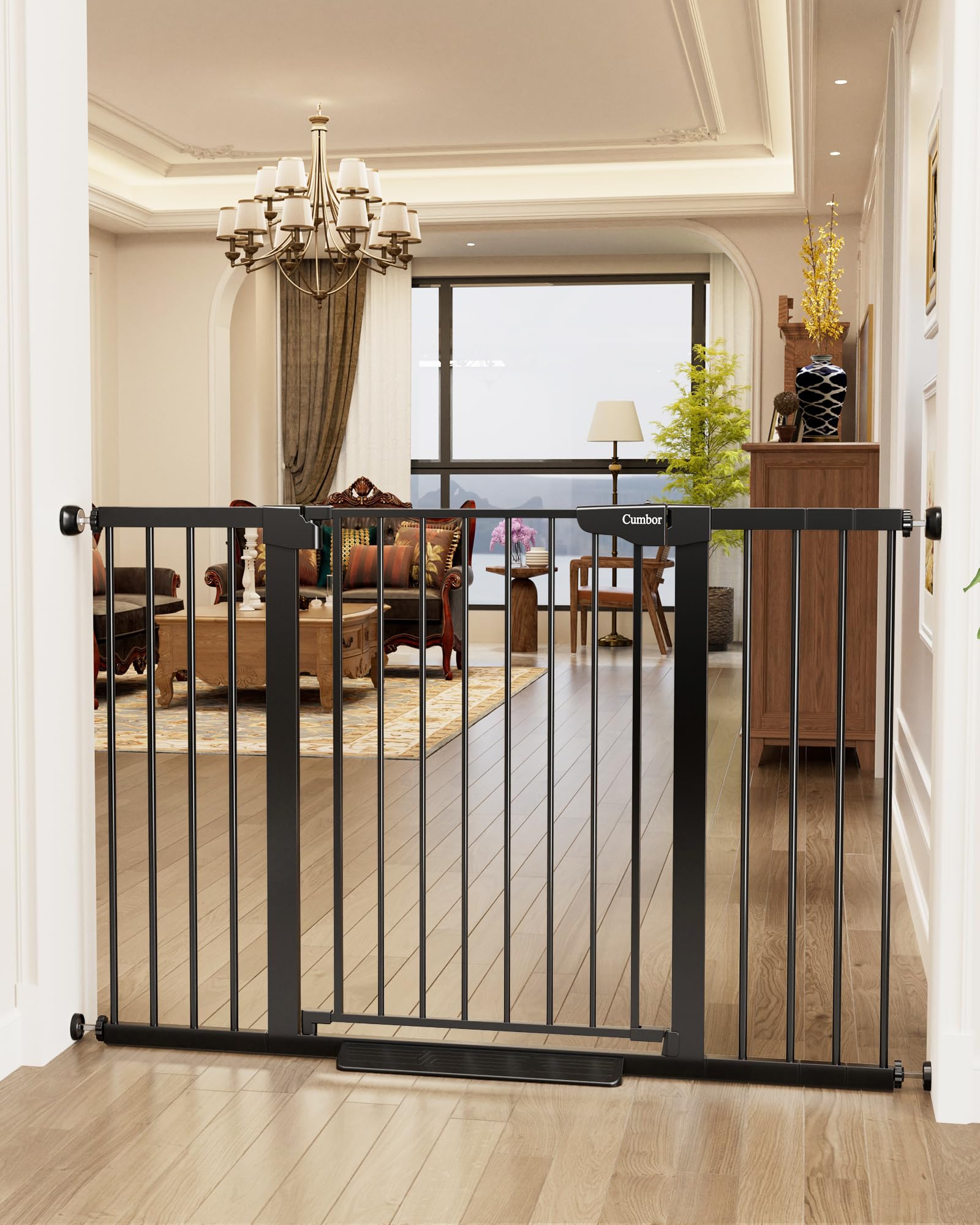 Cumbor 36-inch extra tall gate on stairs showcases sturdy design for safe passage.