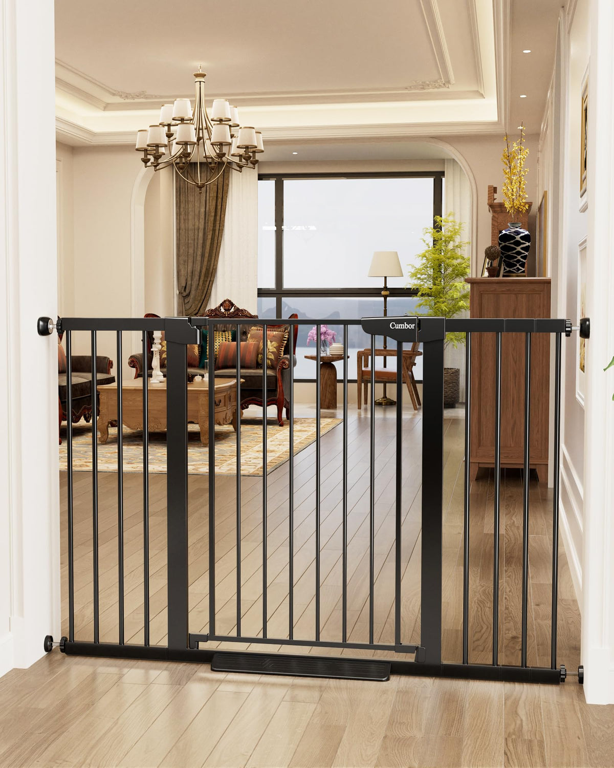 Cumbor 36-inch extra tall gate on stairs showcases sturdy design for safe passage.