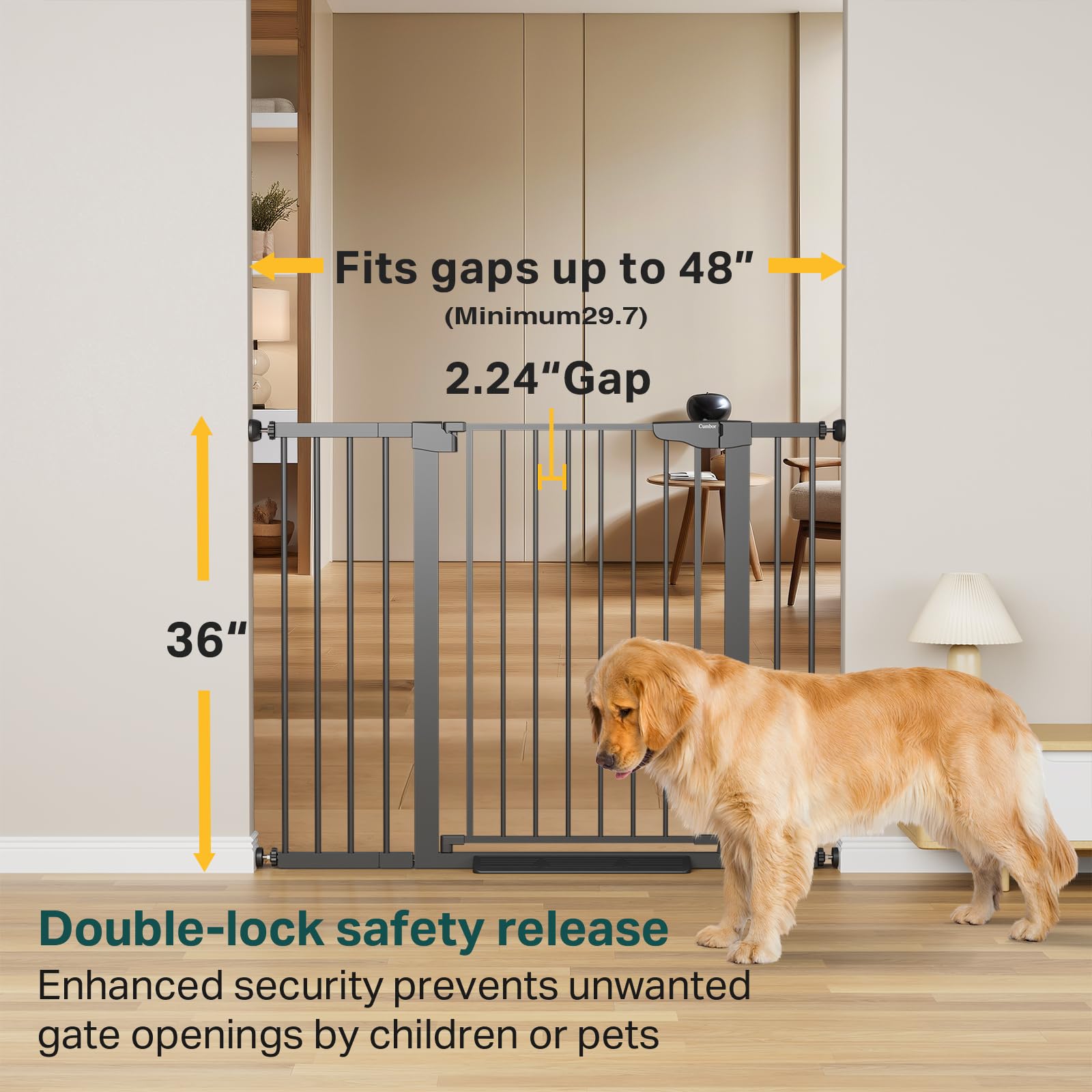 Cumbor adjustable width from 29.7 to 48 inches fits wide doorways securely.