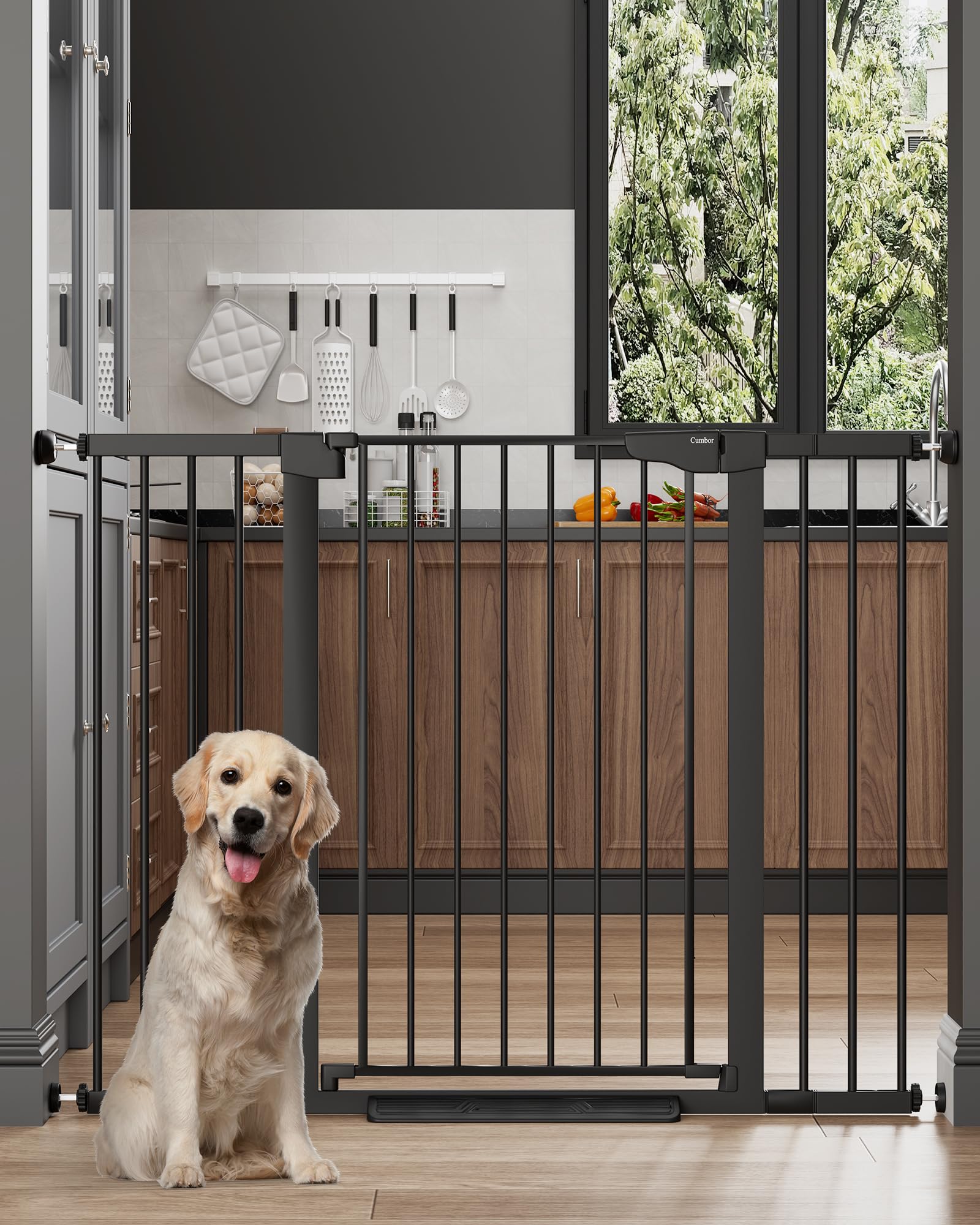 Cumbor 36-inch extra tall gate on stairs with added height for safety.