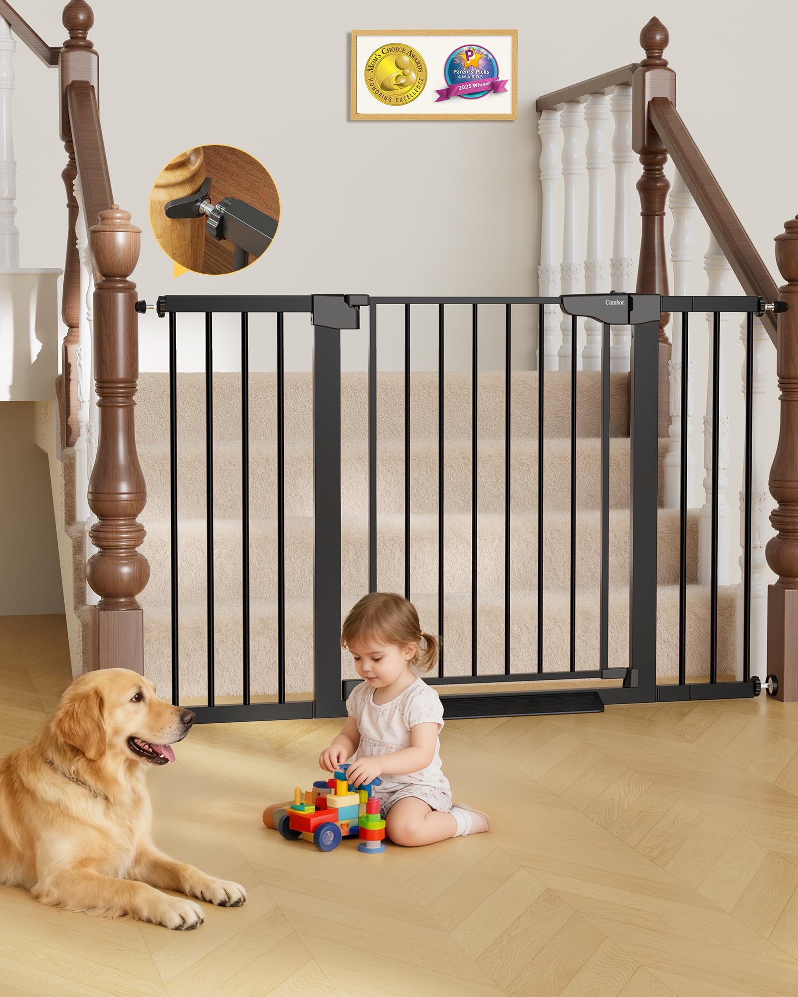 Cumbor baby gate with anti-trip pedal for safer hallway passes