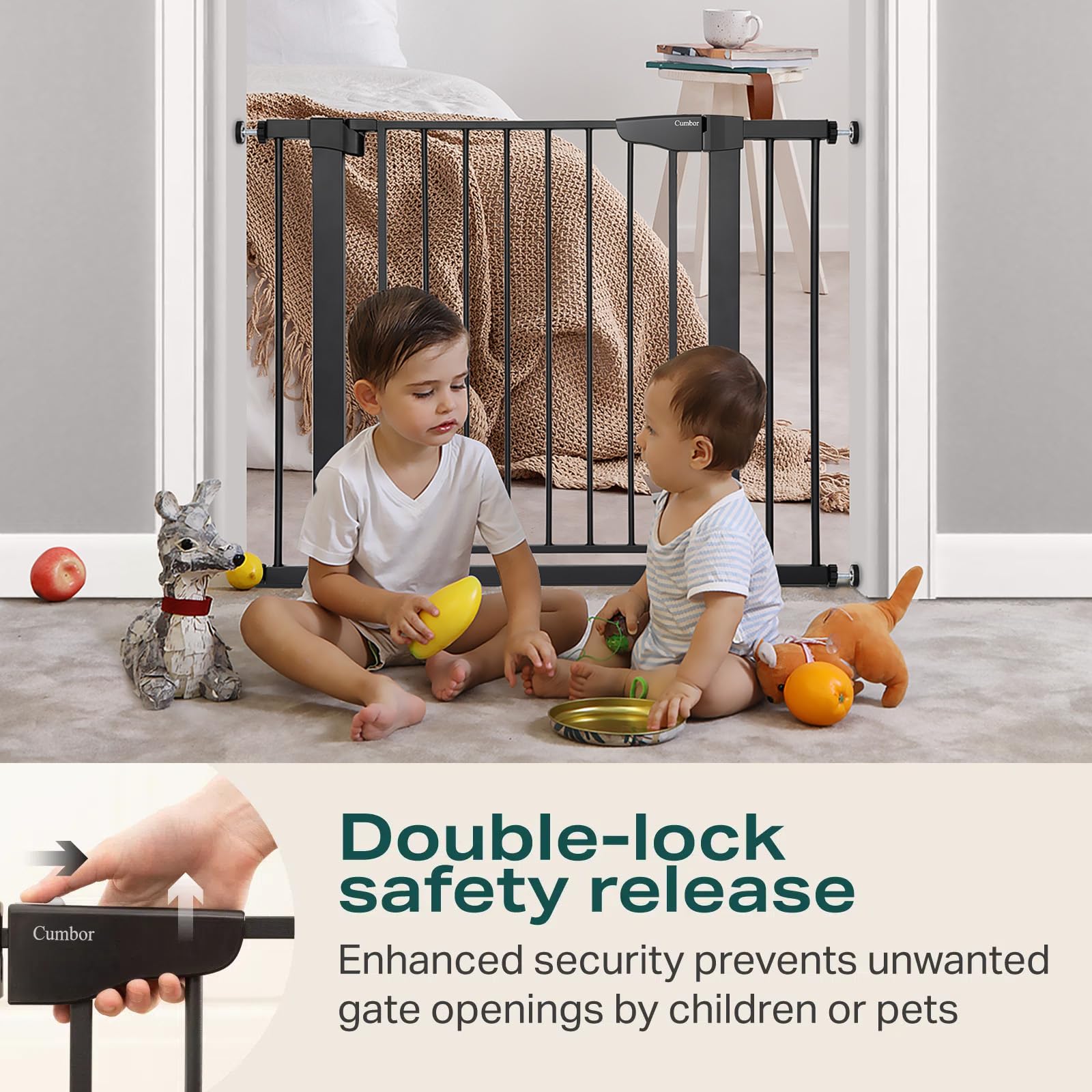 Cumbor baby gate auto-close feature near a 90-degree opening.