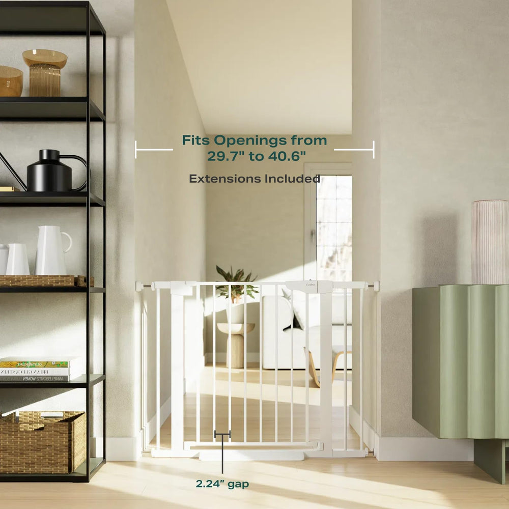 Cumbor baby gate dual-lock system prevents toddlers from opening.