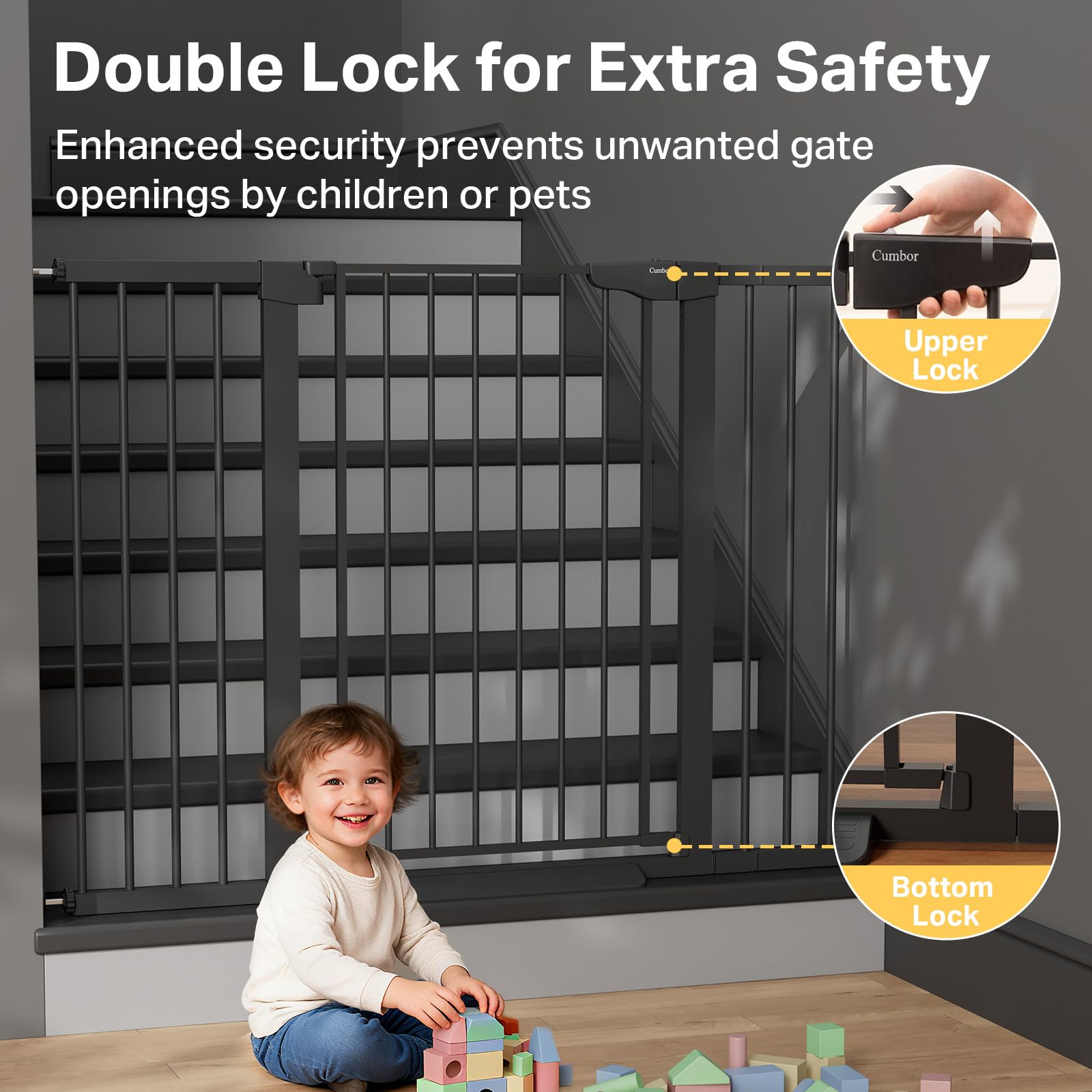 Cumbor gate dual mount options for flexible installation.