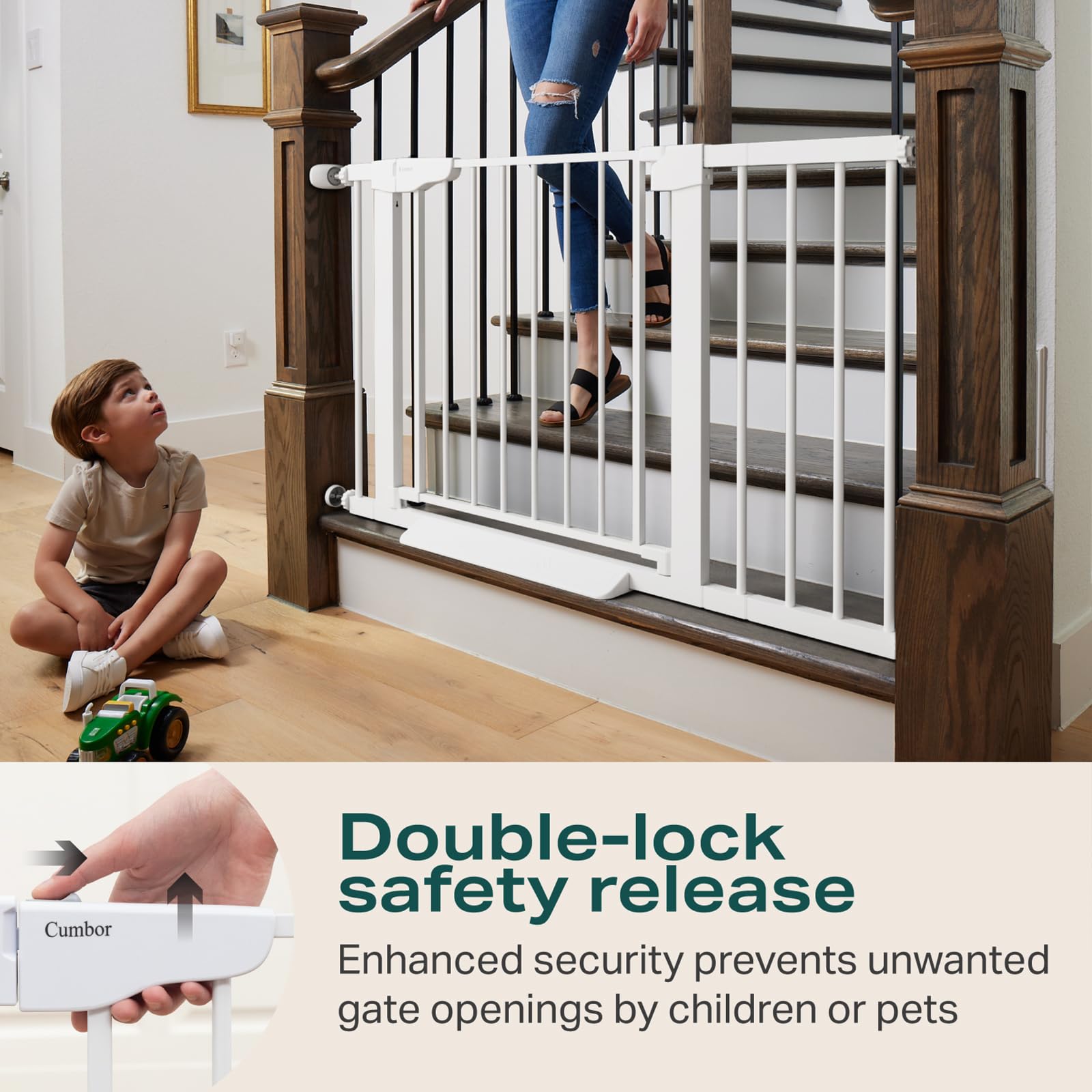 Cumbor gate features durable steel construction for daily use.