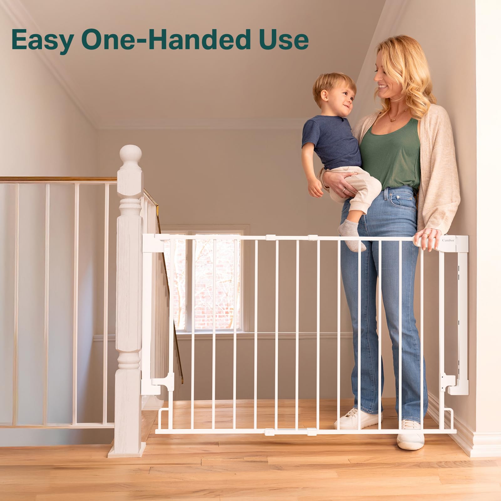 Cumbor gate keeps toddlers and pets safe in busy home areas.