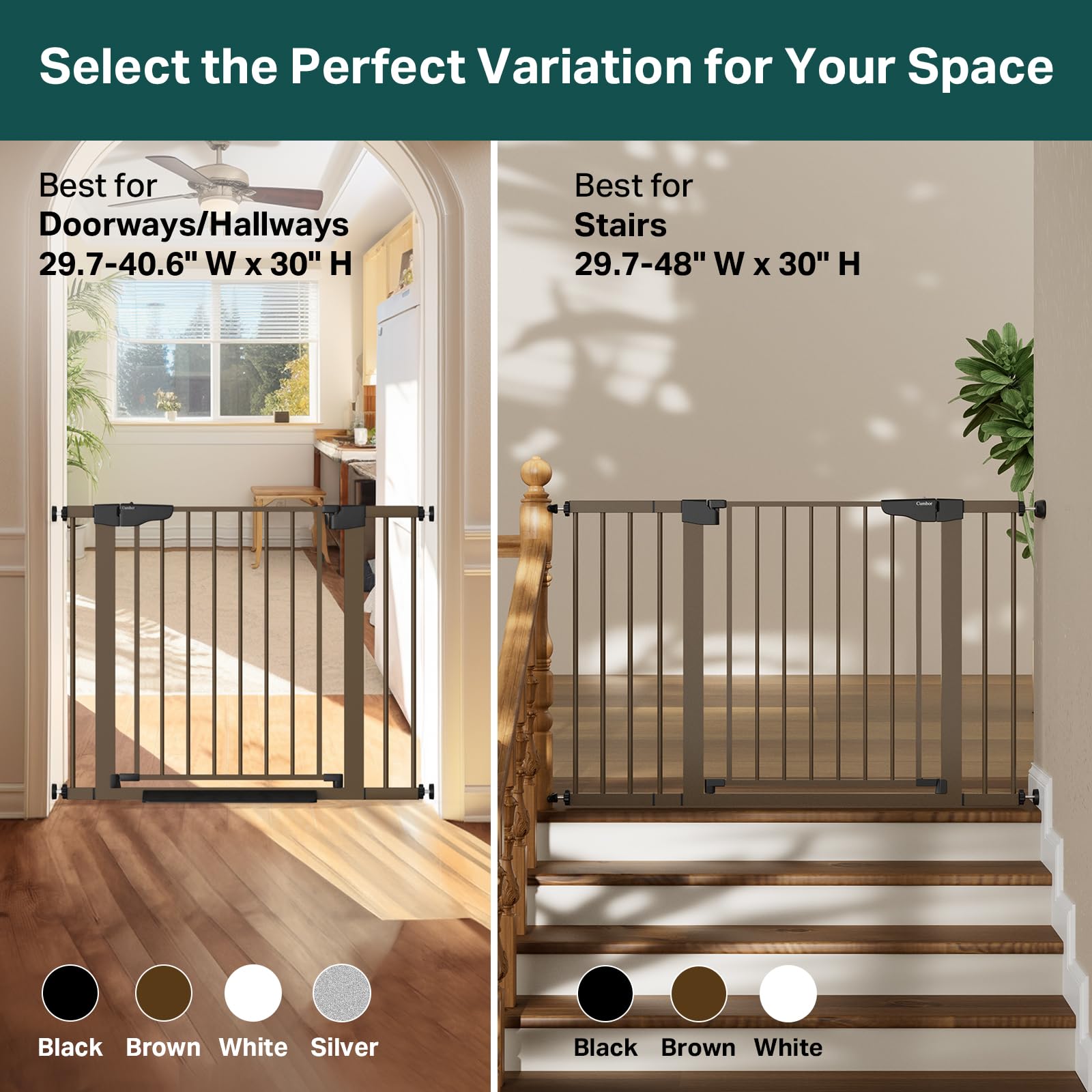 Cumbor baby gate in pressure-mount mode shows tool-free installation.