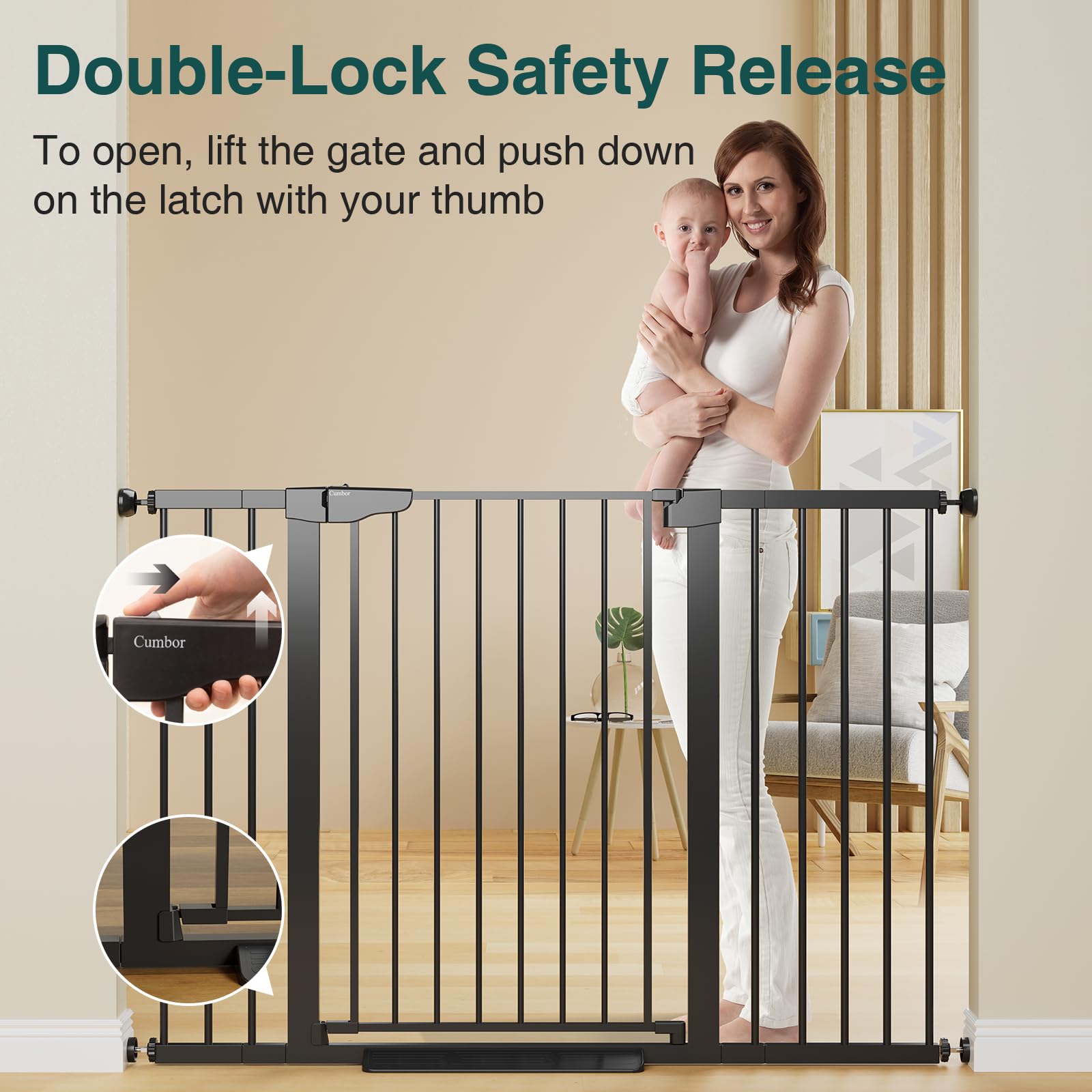 Cumbor gate pressure-mounted installation demonstrates wall-friendly, drill-free setup.