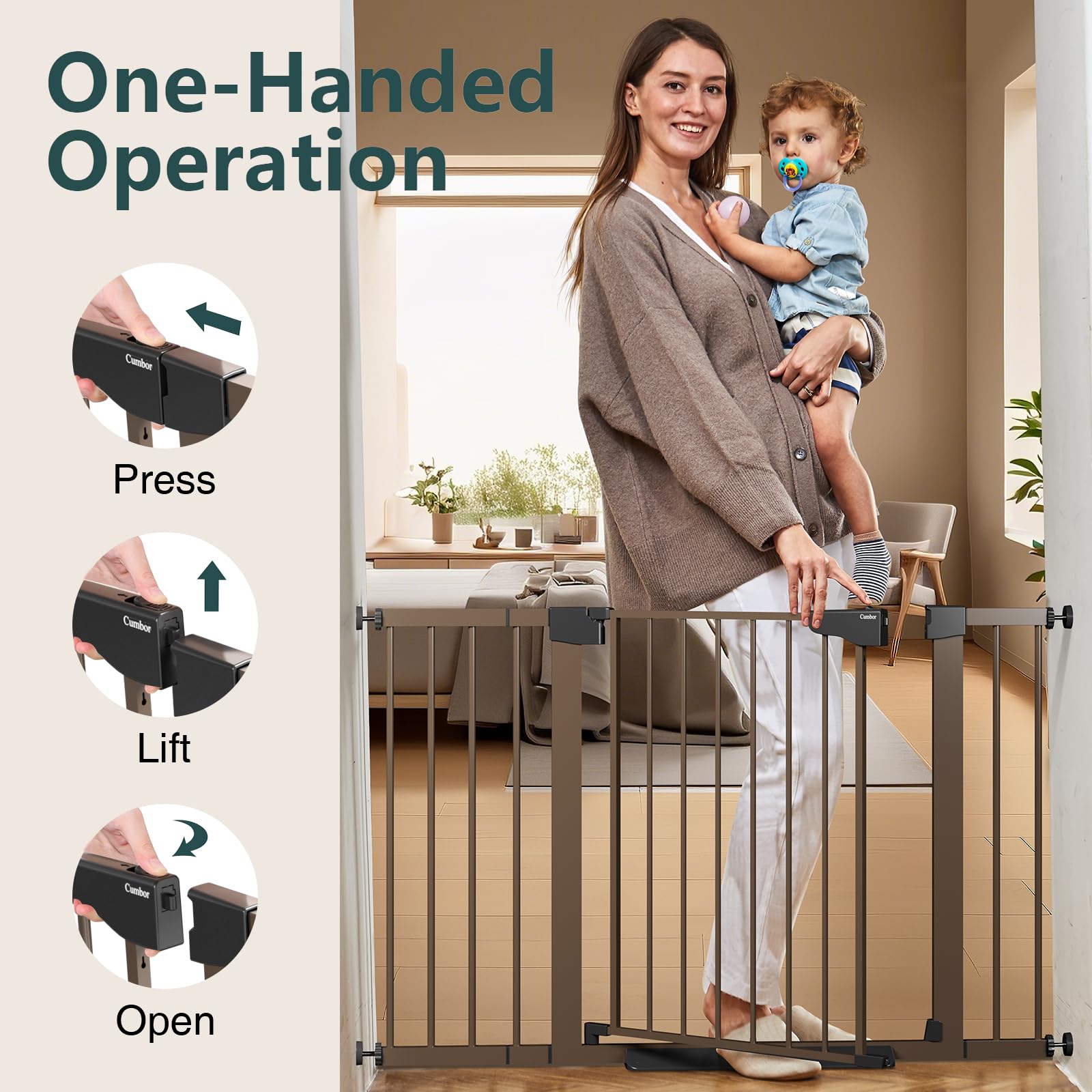Cumbor baby gate with round railings uses Y-shaped bolts for a snug fit.