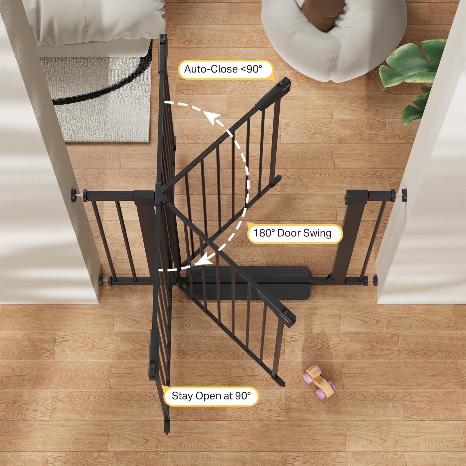 Cumbor baby gate hardware mount securely attached to a stair rail.