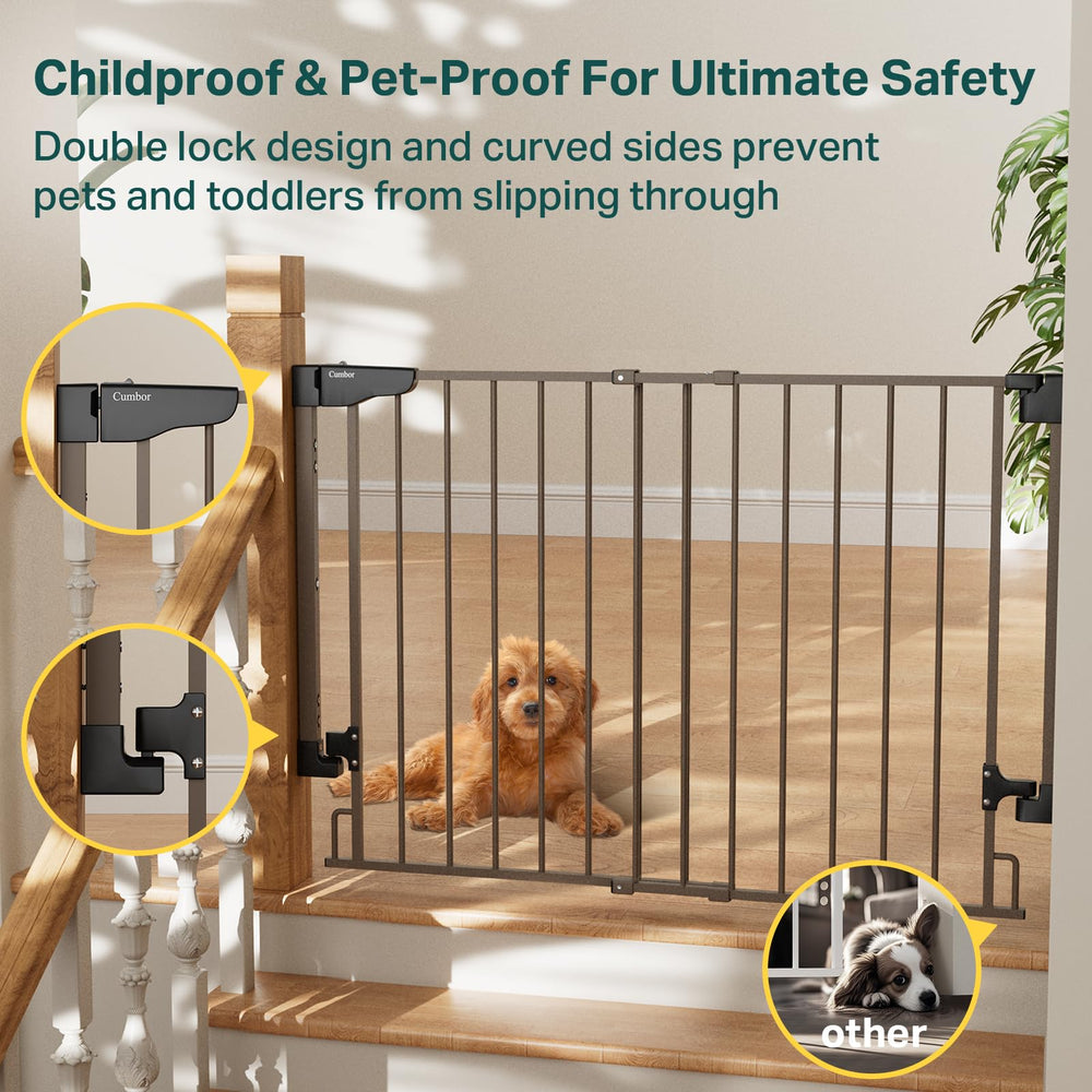 Gate features curved sides and double-lock safety