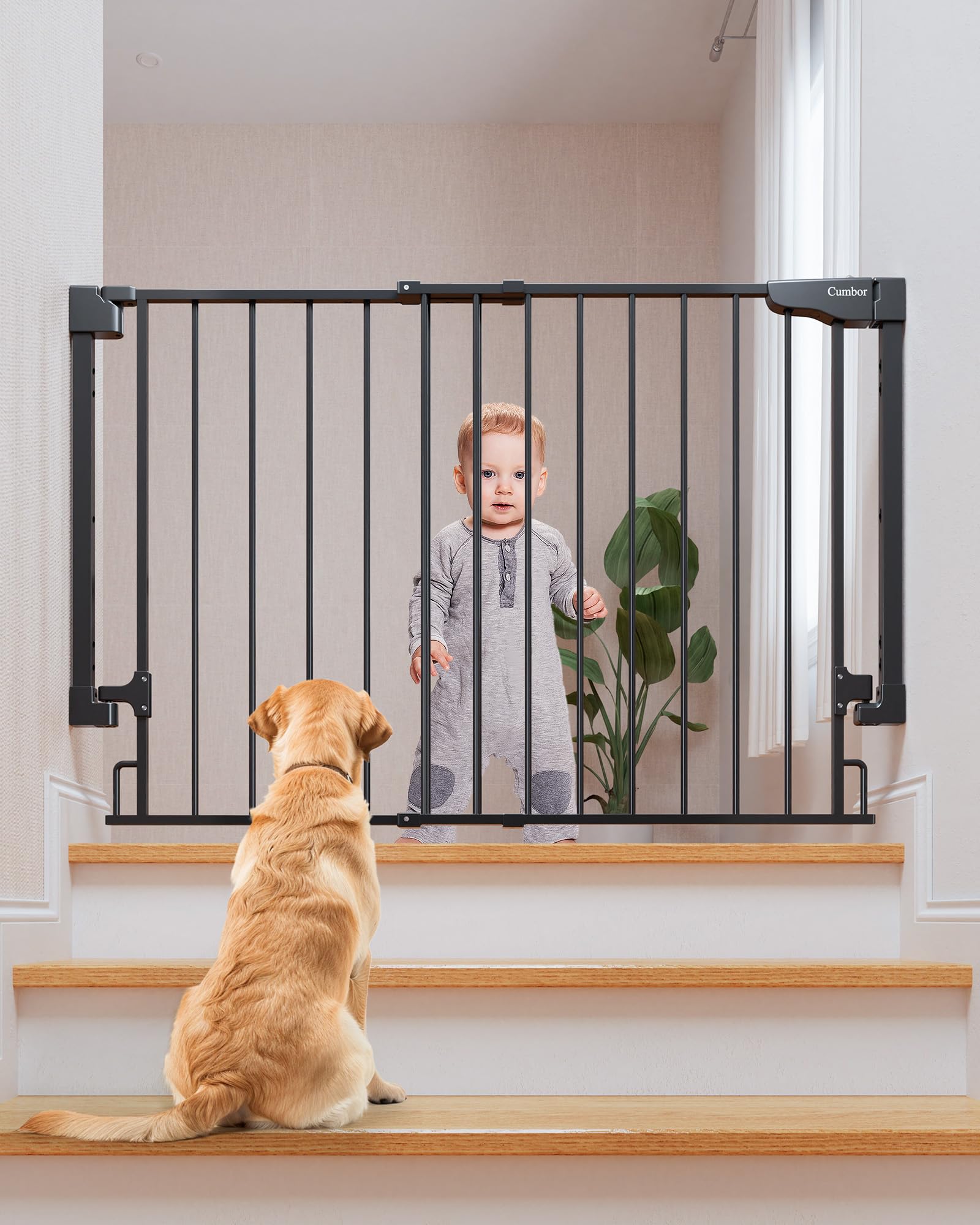Cumbor baby gate mounted on stairs with drill installation for maximum safety
