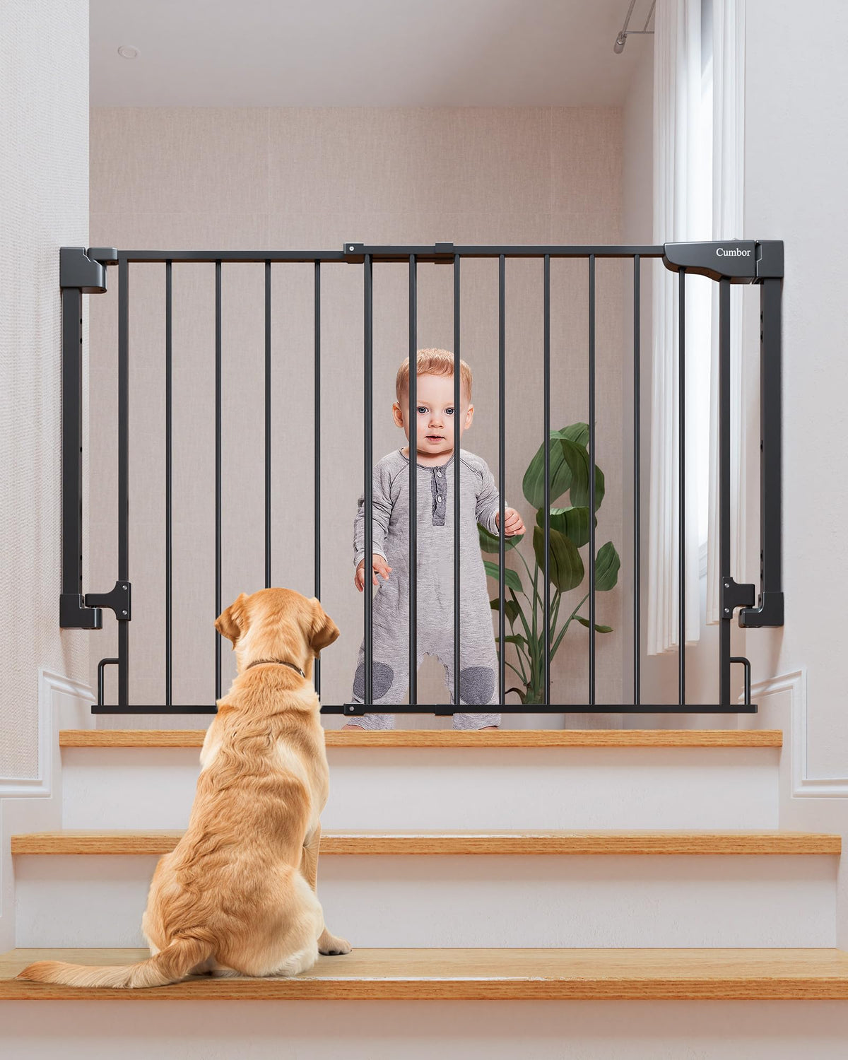 Cumbor baby gate mounted on stairs with drill installation for maximum safety