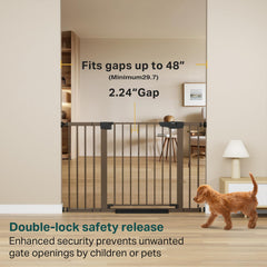 Cumbor baby gate installed on stairs demonstrates secure setup.