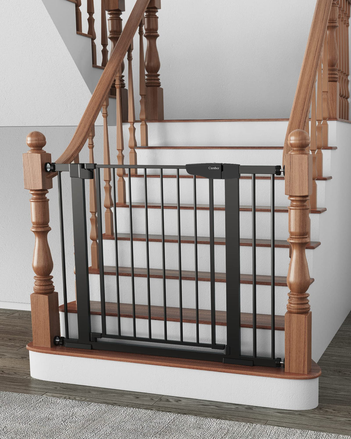 Cumbor baby gate on stairs with secure black finish for stair safety.