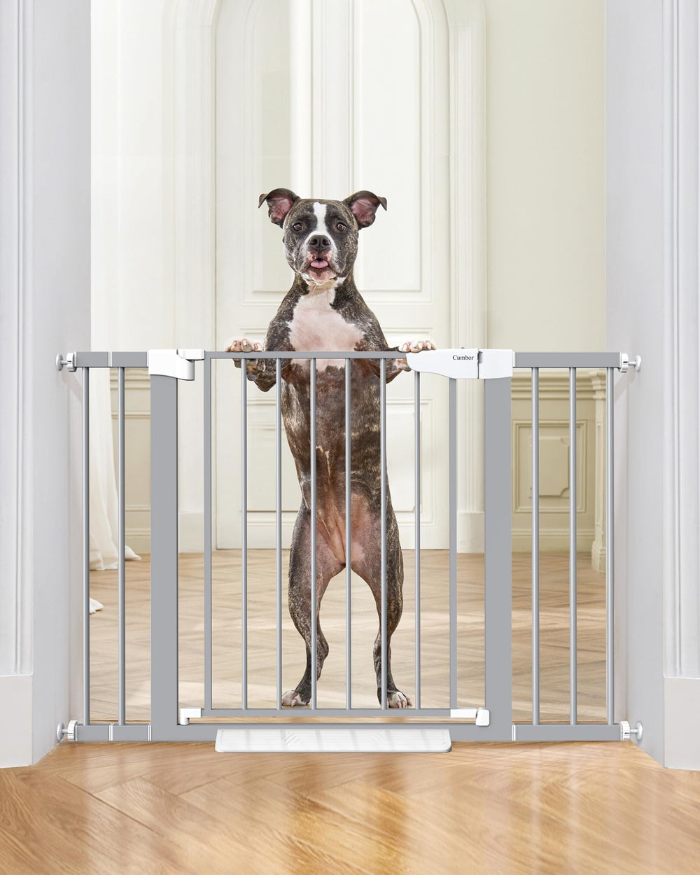 Cumbor baby gate on stairs with wide opening for easy passage