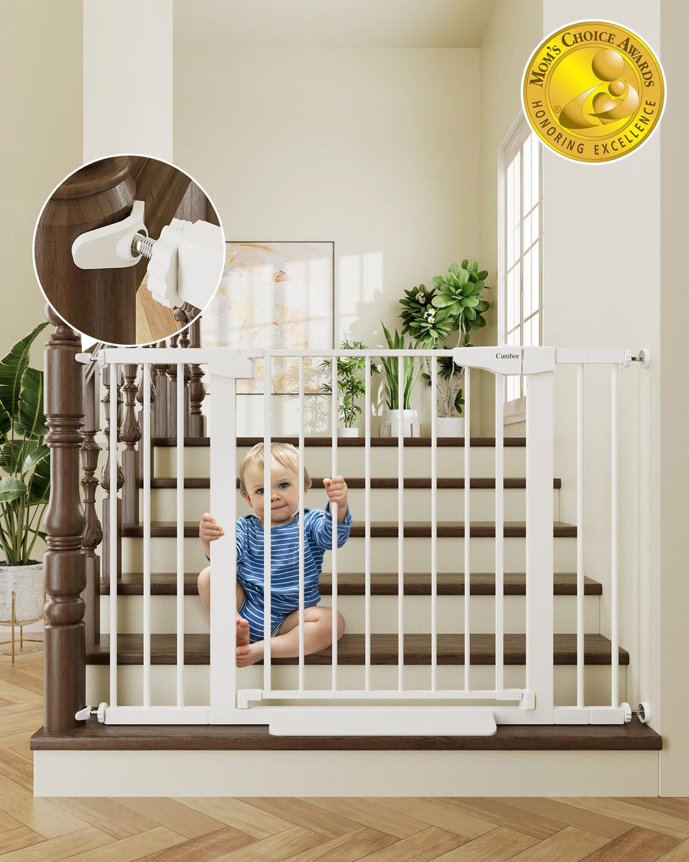 Cumbor white baby gate on stairs with wide walk-through for easy passage