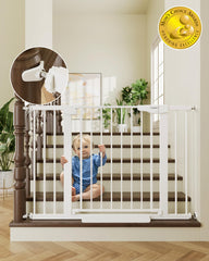 Cumbor white baby gate on stairs with wide walk-through for easy passage