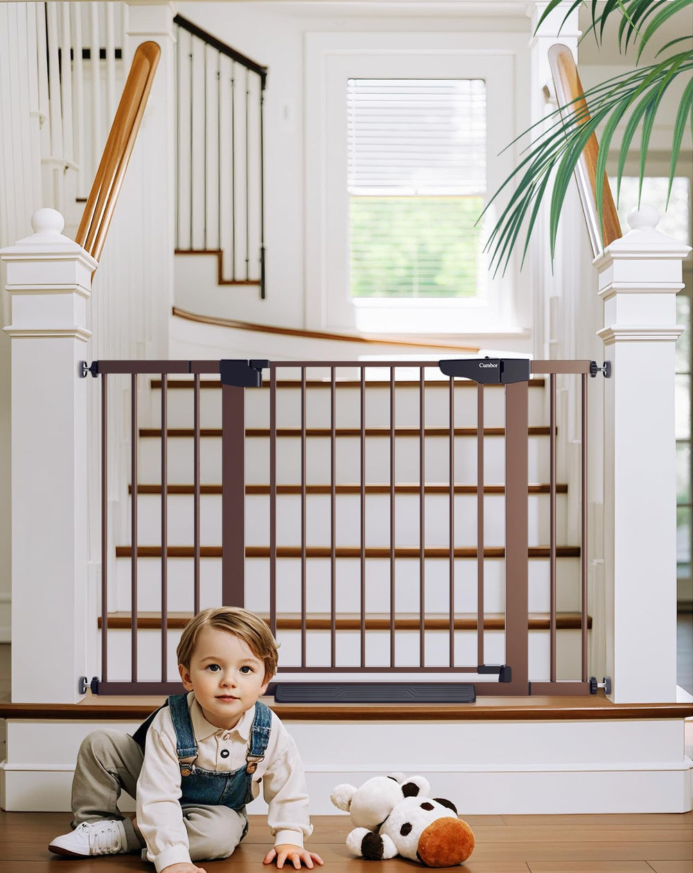 Cumbor baby gate walk-through door enables easy passage for adults.