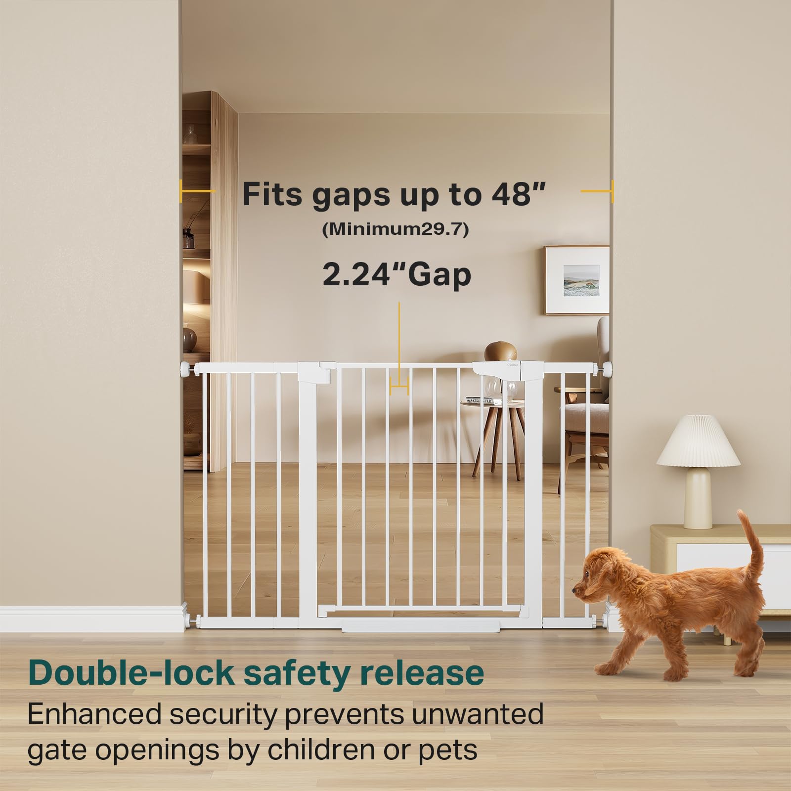 Cumbor baby gate in walk-through doorway with stroller-friendly access.