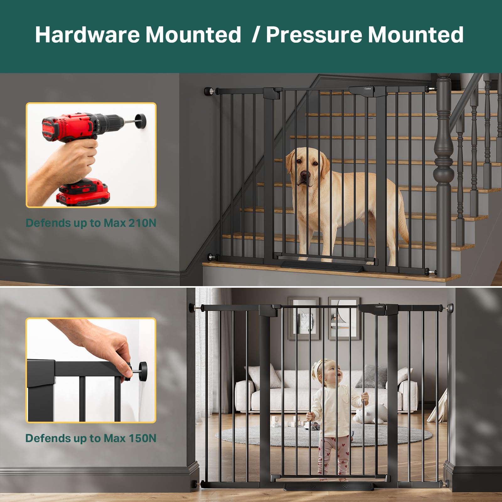 Cumbor gate wall cups baseboard fit for stability.