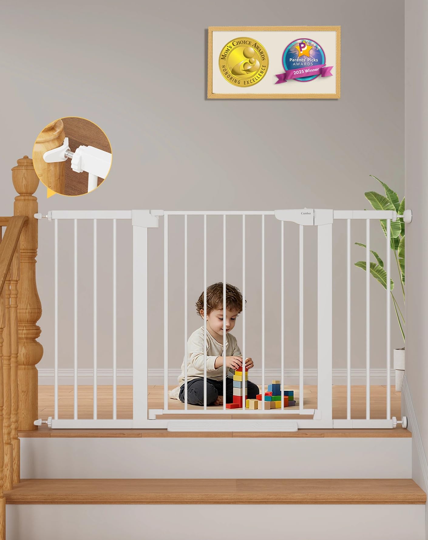 Cumbor baby gate with wide opening fits up to 51.5 inches for easy stroller passage.