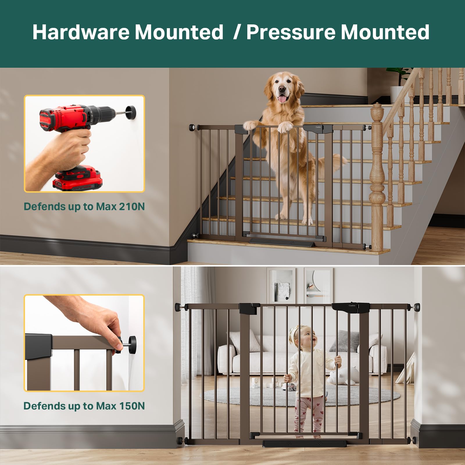 Cumbor brown gate hardware mount adds stair-top security up to 210N