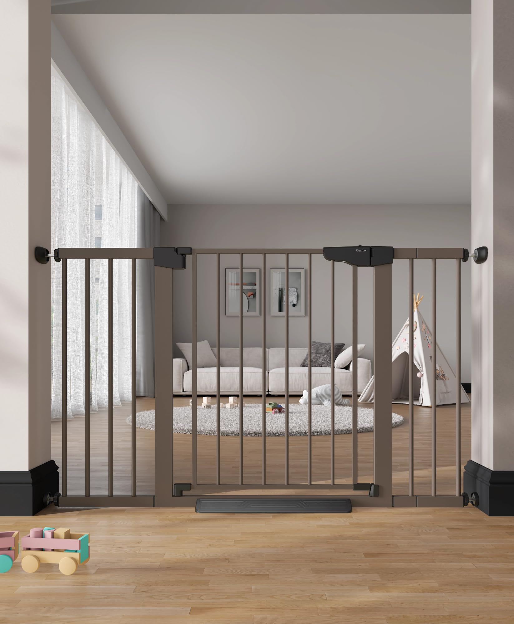 Cumbor brown gate on stairs with wide opening for large stair entries