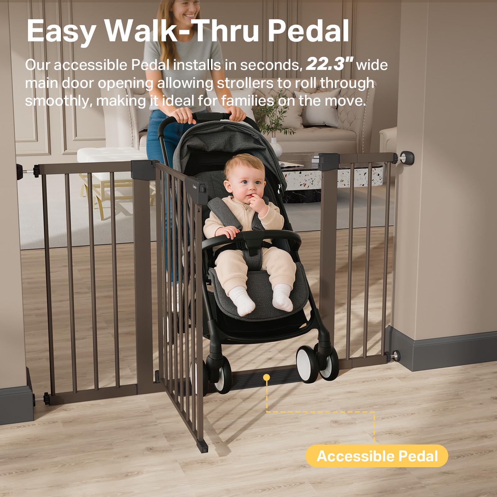 Cumbor brown gate walk-through offers a 22.3-inch passage for strollers