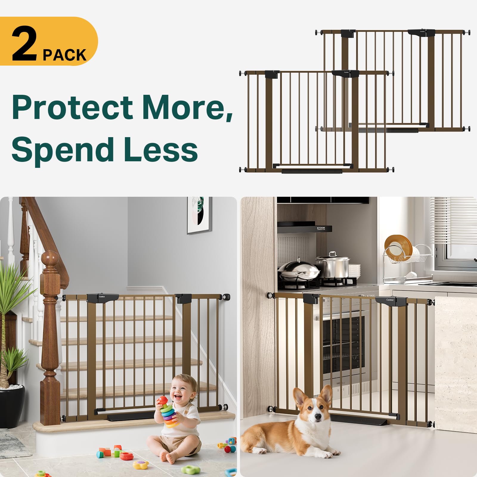 Cumbor brown gate in wide doorway, easy walk-through while carrying baby.