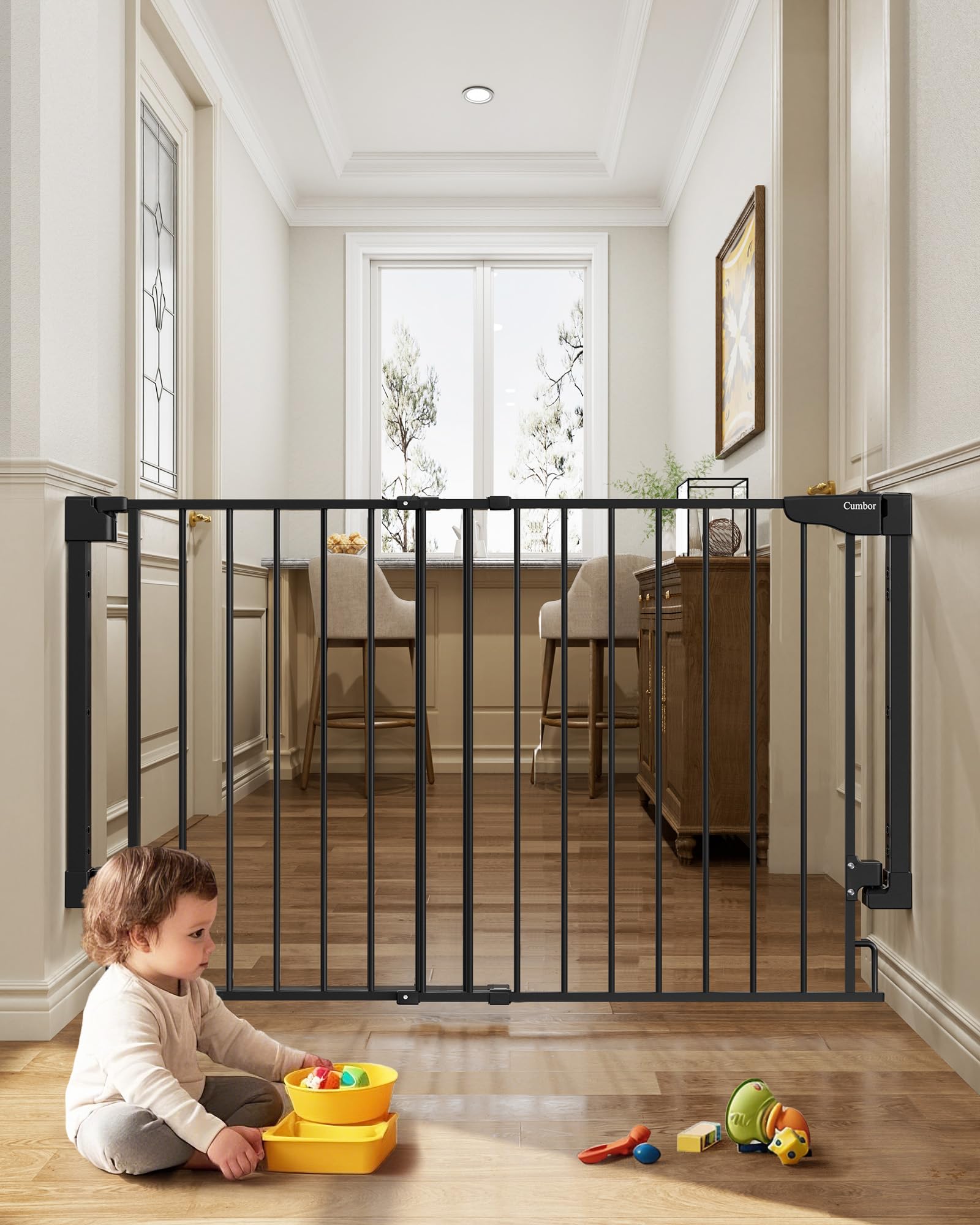 Cumbor Expandable Gate on stairs, drill-mounted for strongest installation.
