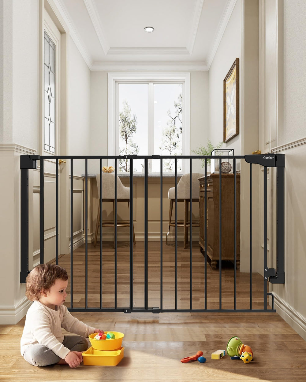 Cumbor Expandable Gate on stairs, drill-mounted for strongest installation.