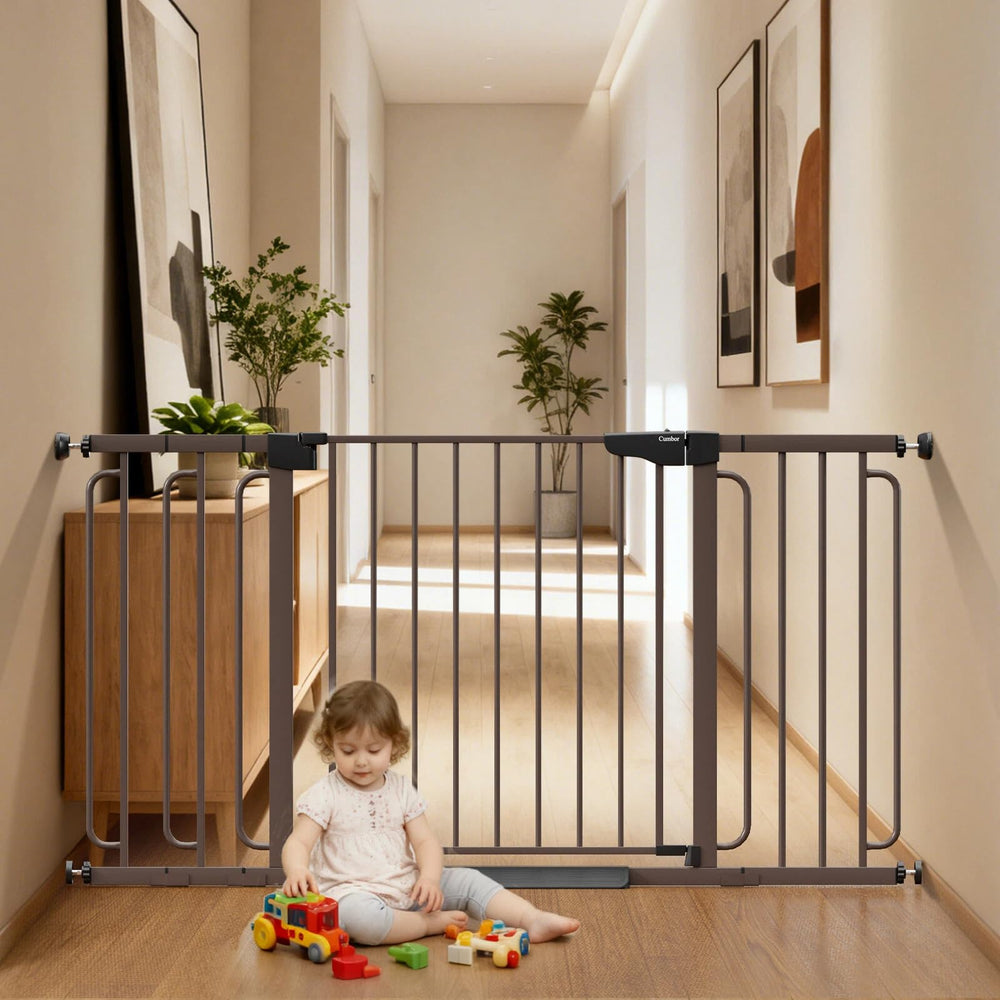 Cumbor extra-wide baby gate full view shows sturdy design for safe hallways.