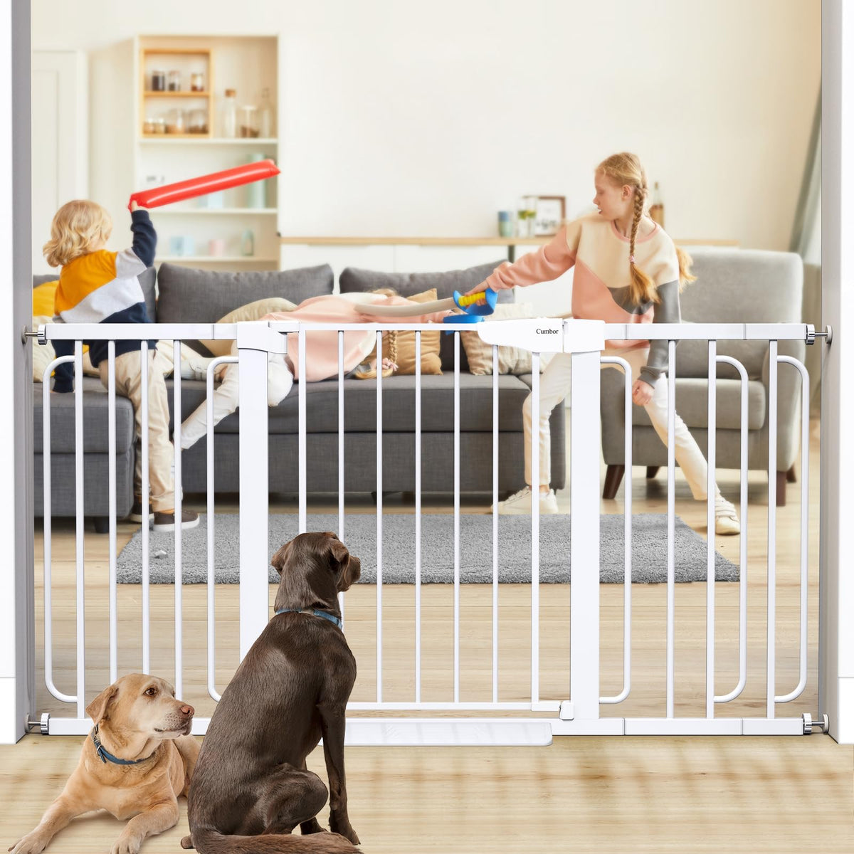 Cumbor extra-wide gate for stairs, extended to 57 inches for stair safety.
