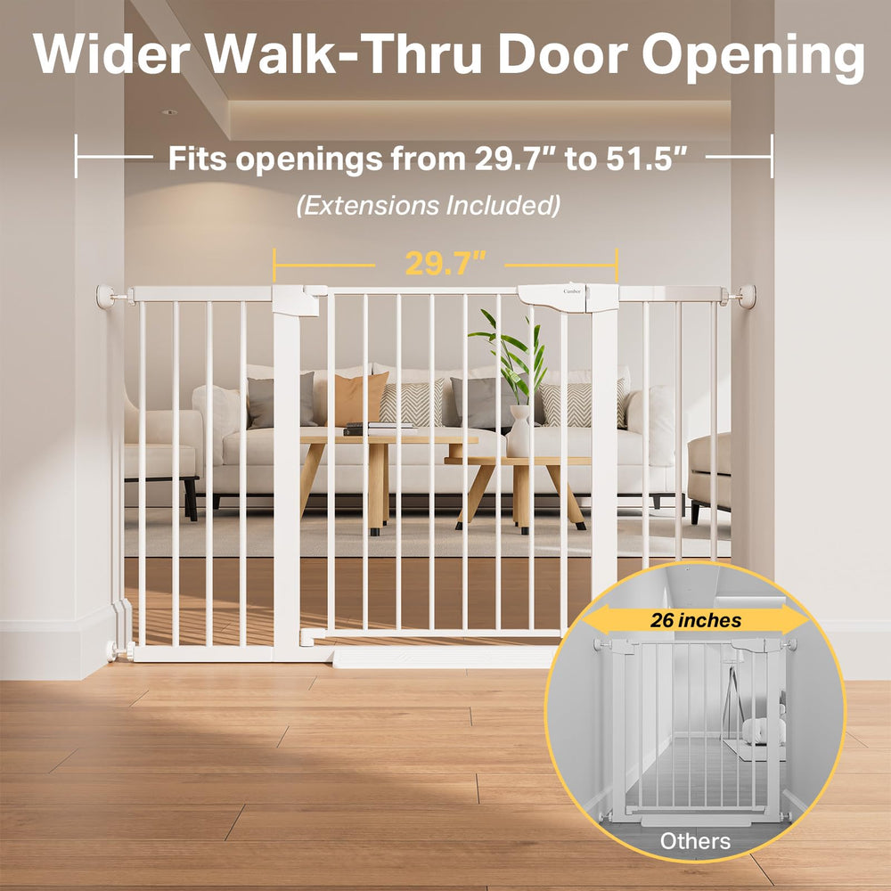 Cumbor gate auto-close walk-through enables hands-free access while keeping kids safe.