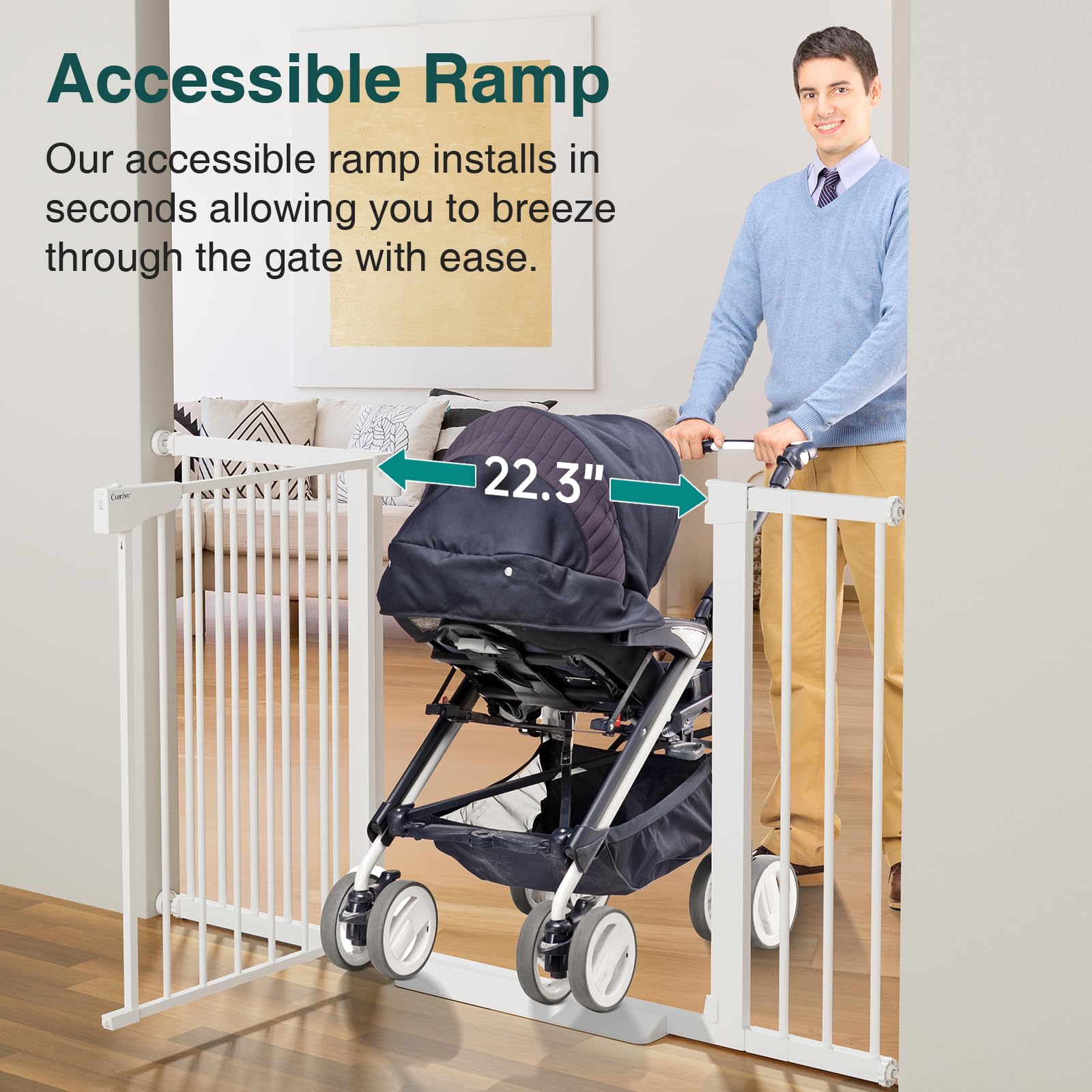 Cumbor gate features a double-lock safety for toddlers and busy homes.