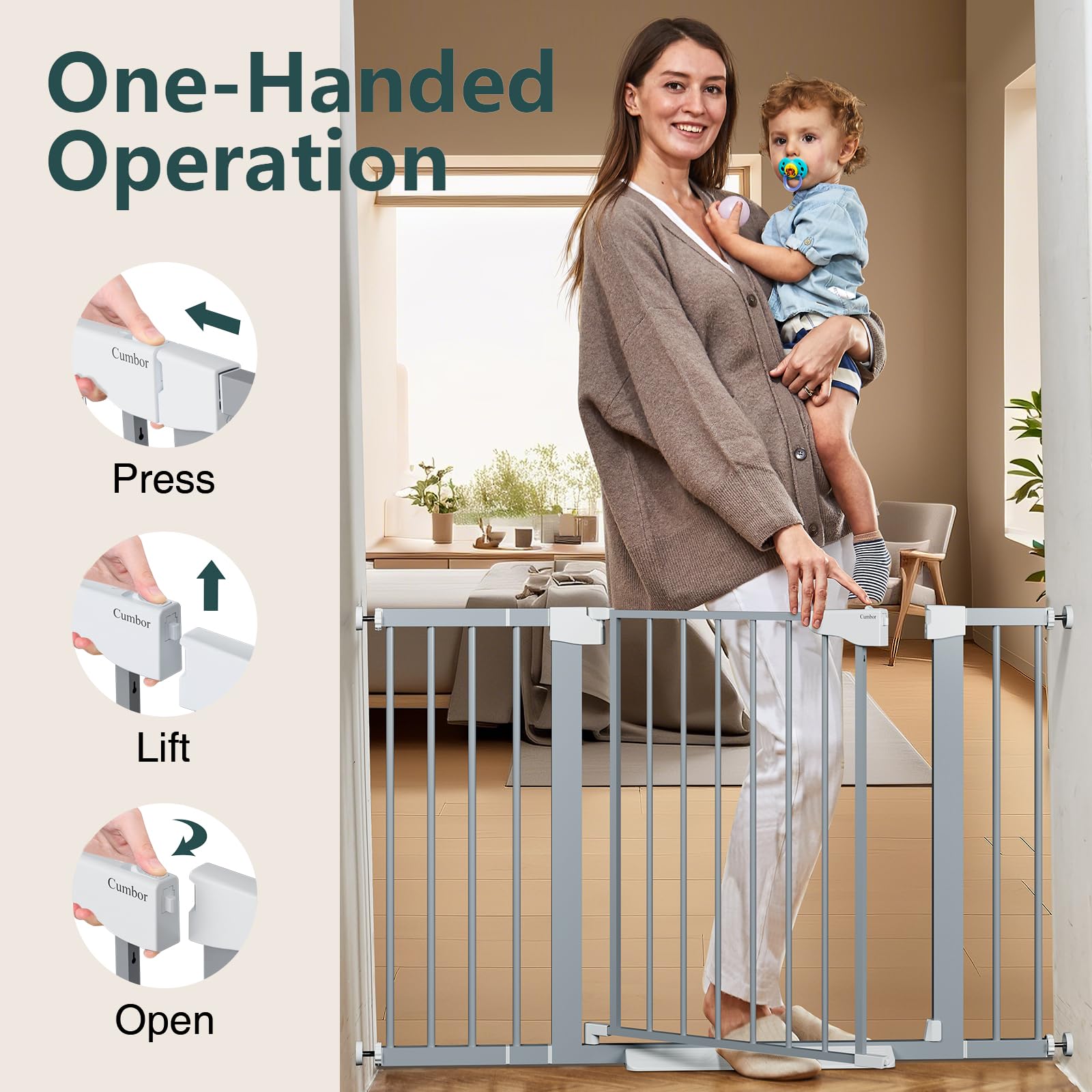 Cumbor gate installed in a kitchen doorway for pet access control.