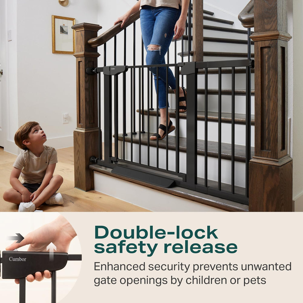 Cumbor large walk-through gate facilitates passing with a baby in arms.