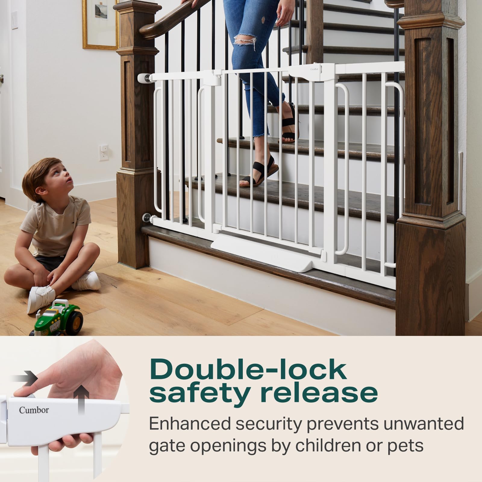Cumbor tall gate for dogs with two-way door enables easy passage.
