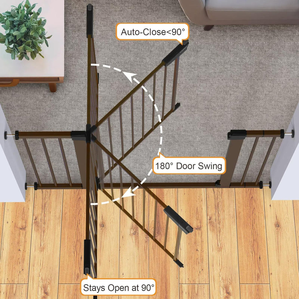 Cumbor gate at top of stairs showing double-lock safety release.