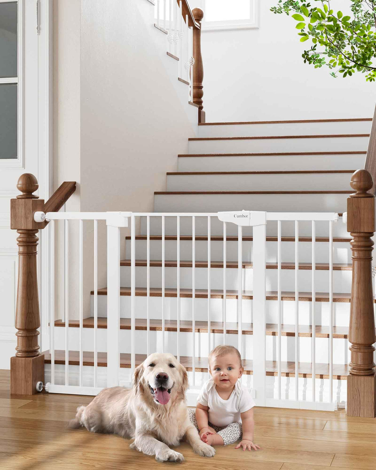 Cumbor wide baby gate on stairs offers safe access and adjustable width.