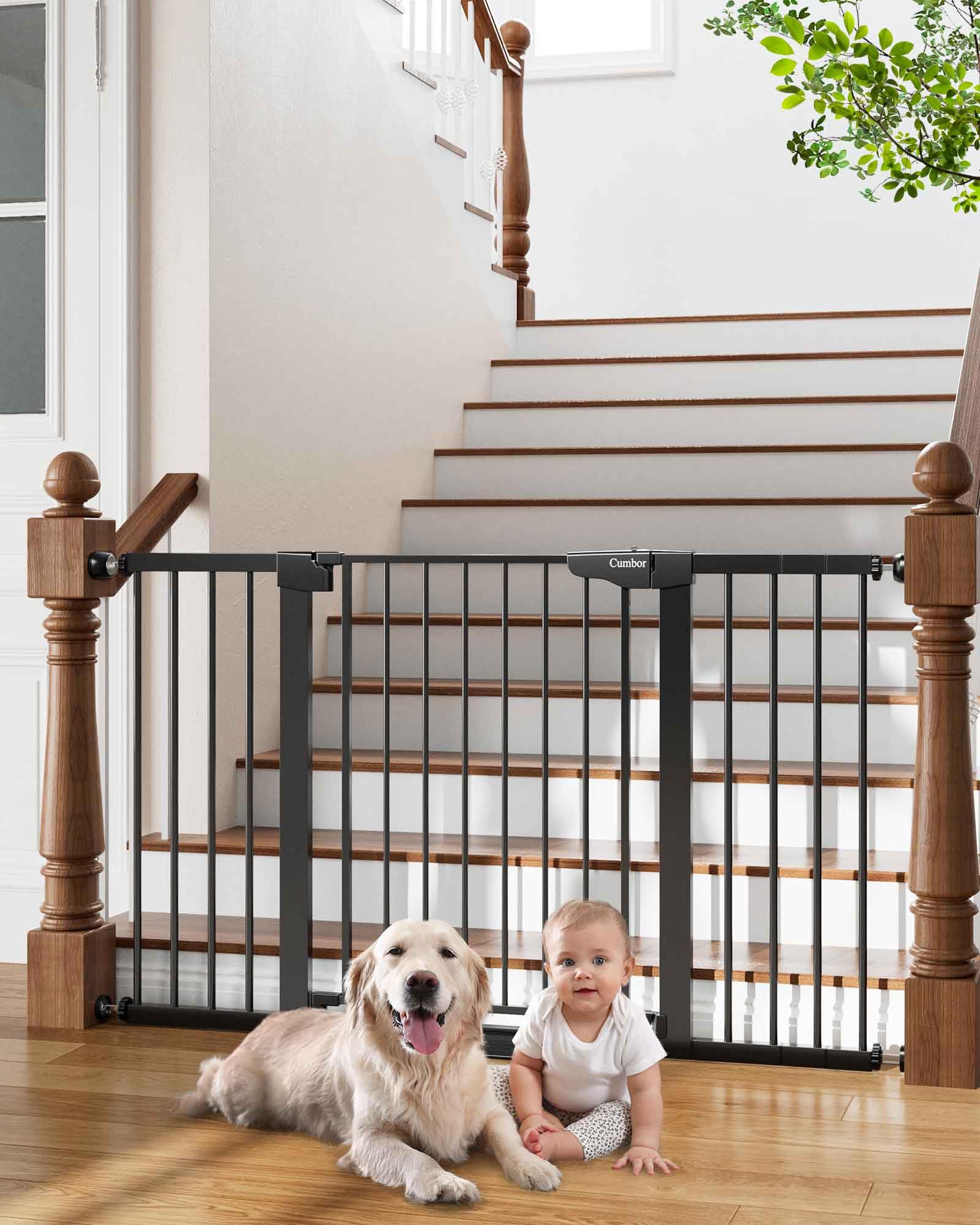 Cumbor wide gate on stairs in black blocks stairs safely for babies and pets