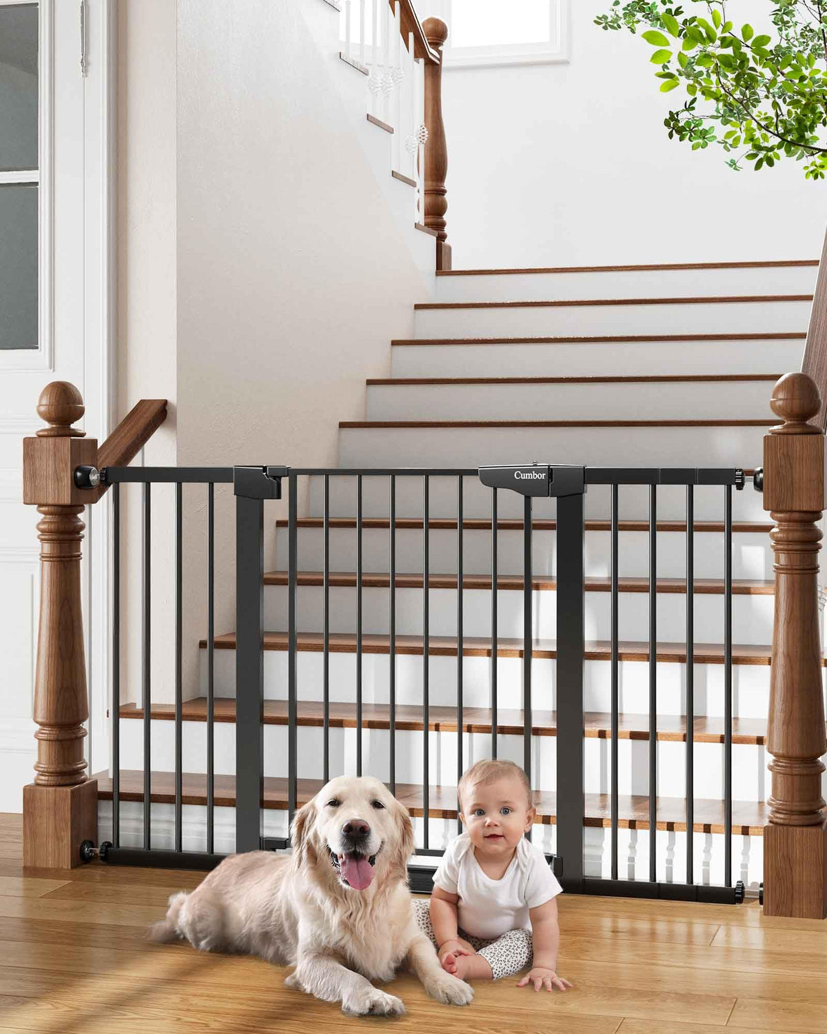 Cumbor wide gate on stairs in black blocks stairs safely for babies and pets