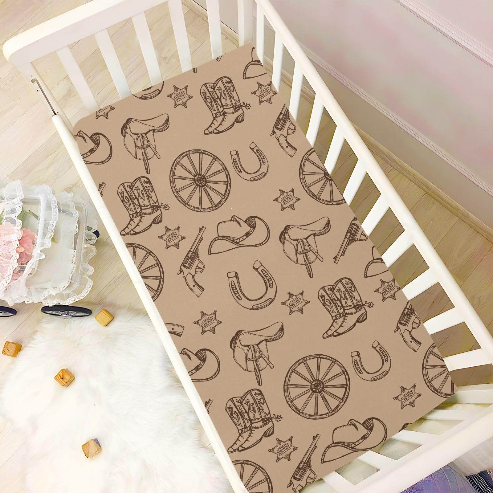 CUPADA Vintage Western crib sheet with boots pattern adds playful style to nursery.