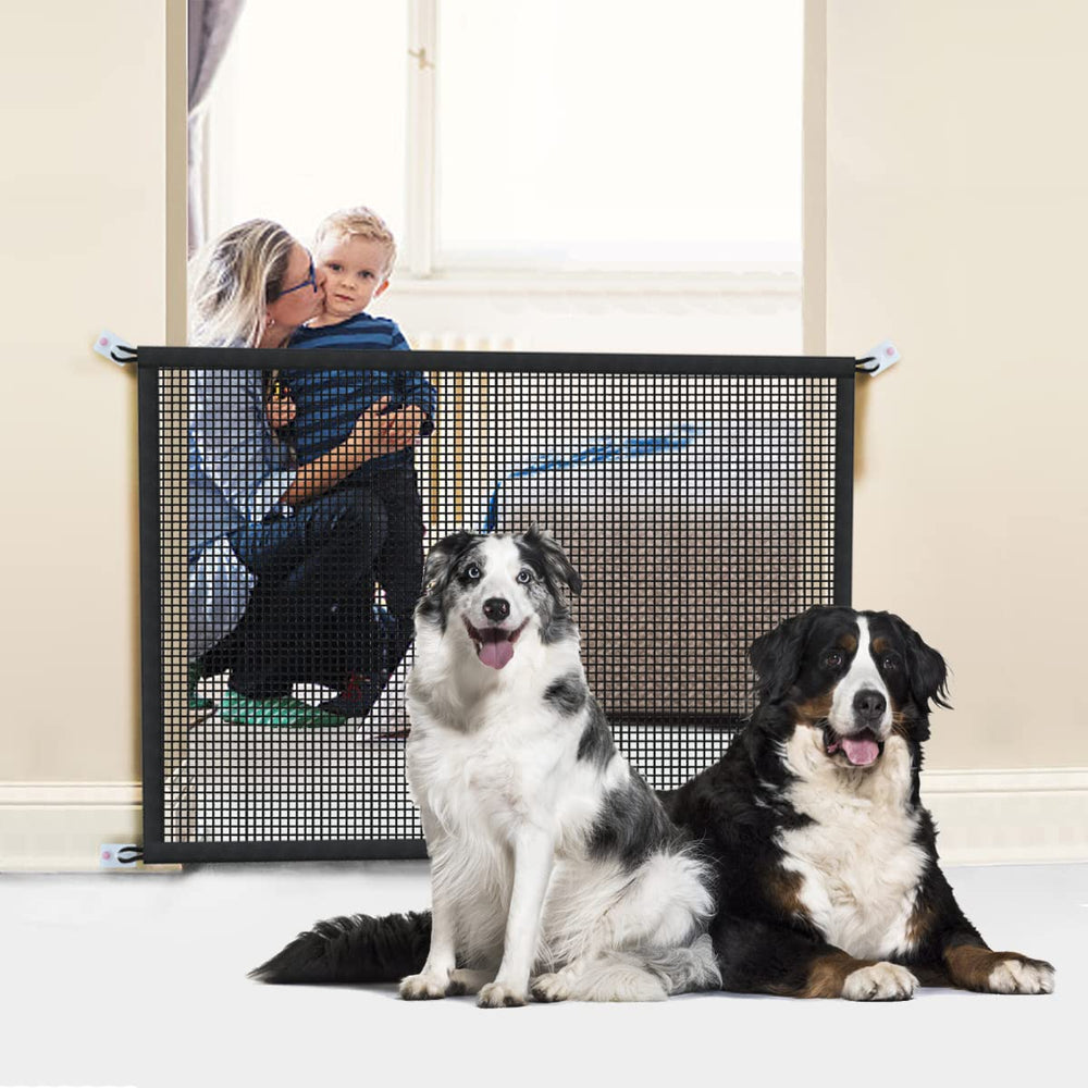 Cupount dog gate in doorway mesh area keeps pets contained.