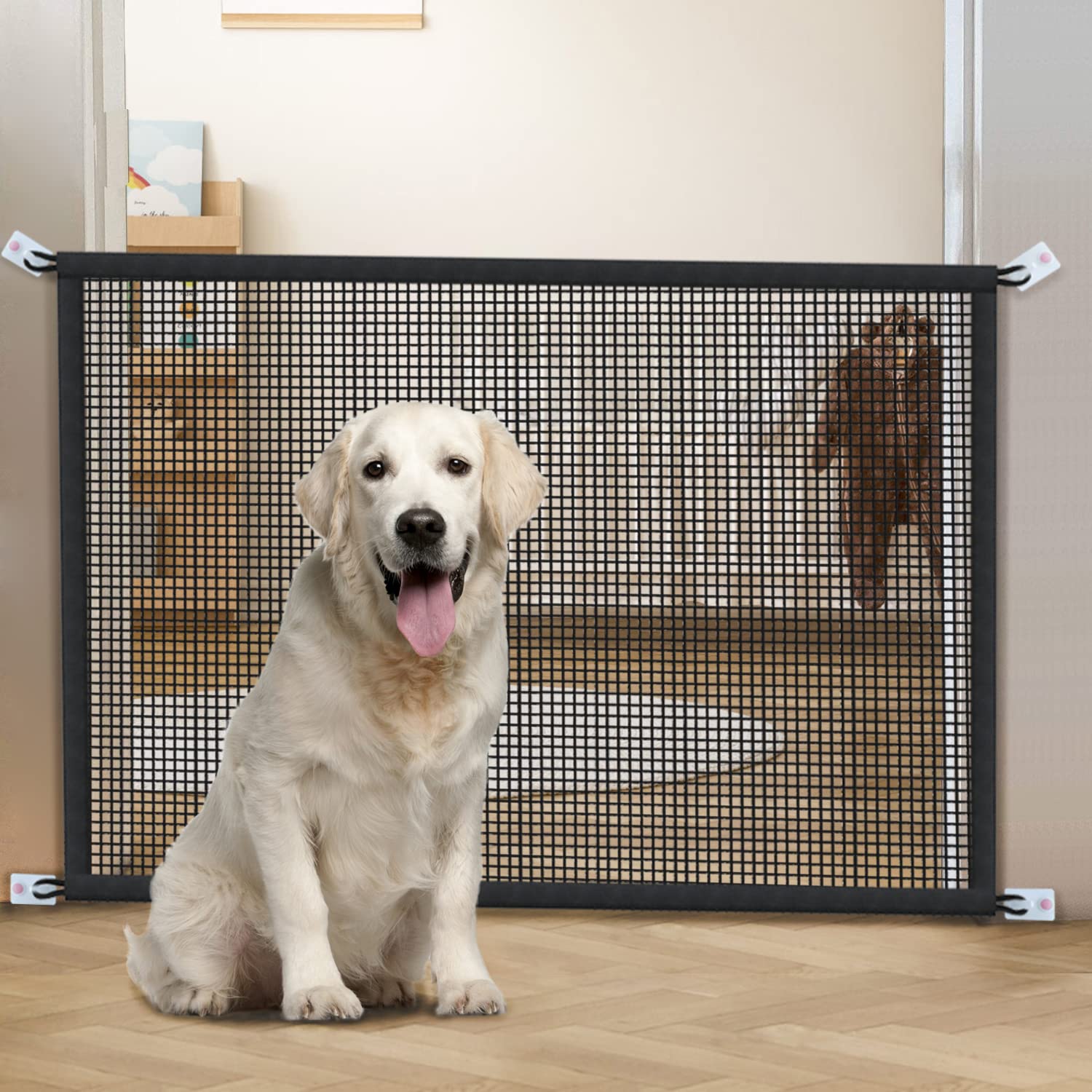Cupount dog gate near fireplace creates safe space.