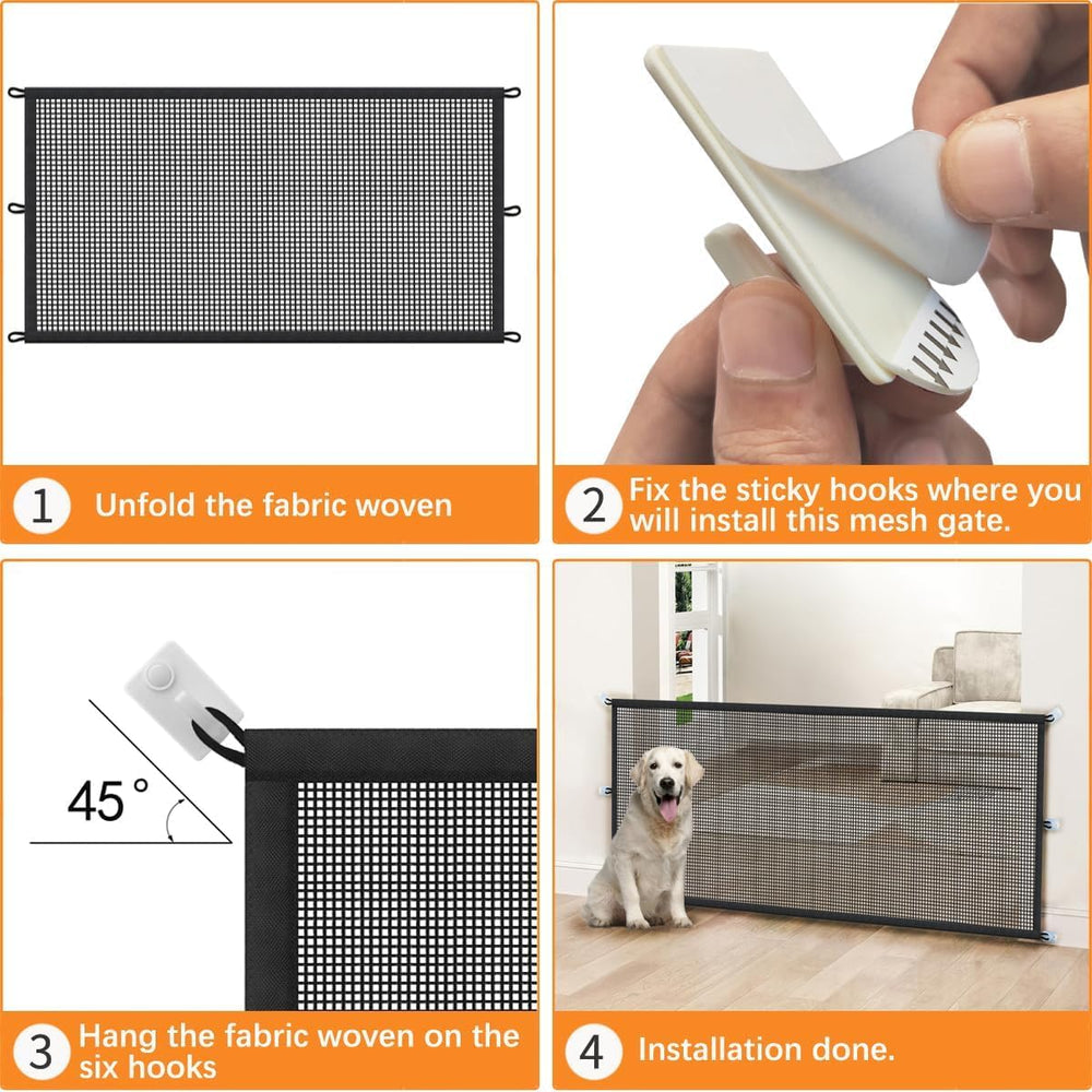 Cupount dog gate installation shows hooks securing to walls or rails.